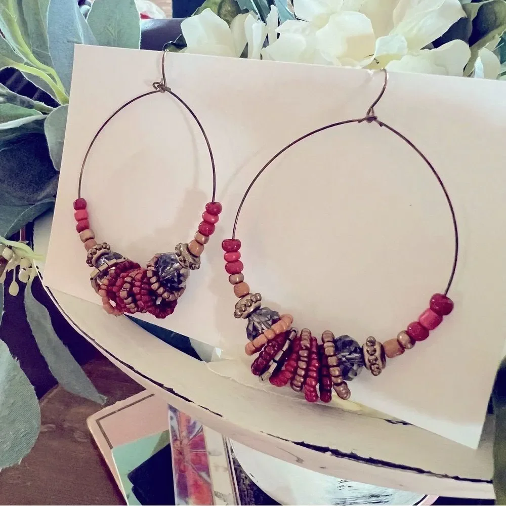Beaded Boho Red Multicolored Resin Beaded Circle Hoop Colorful Pierced Earrings
